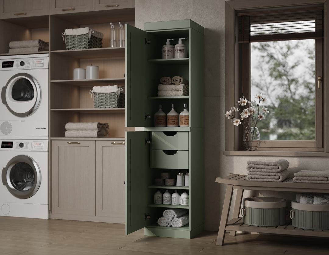 100% Solid Wood Bathroom Storage Cabinet, Raised Panel Doors, 2 Drawers, Adjustable Shelves, 16.5" Wide, 71.5" Tall