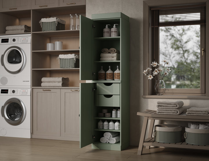 100% Solid Wood Bathroom Storage Cabinet, Raised Panel Doors, 2 Drawers, Adjustable Shelves, 16.5" Wide, 71.5" Tall