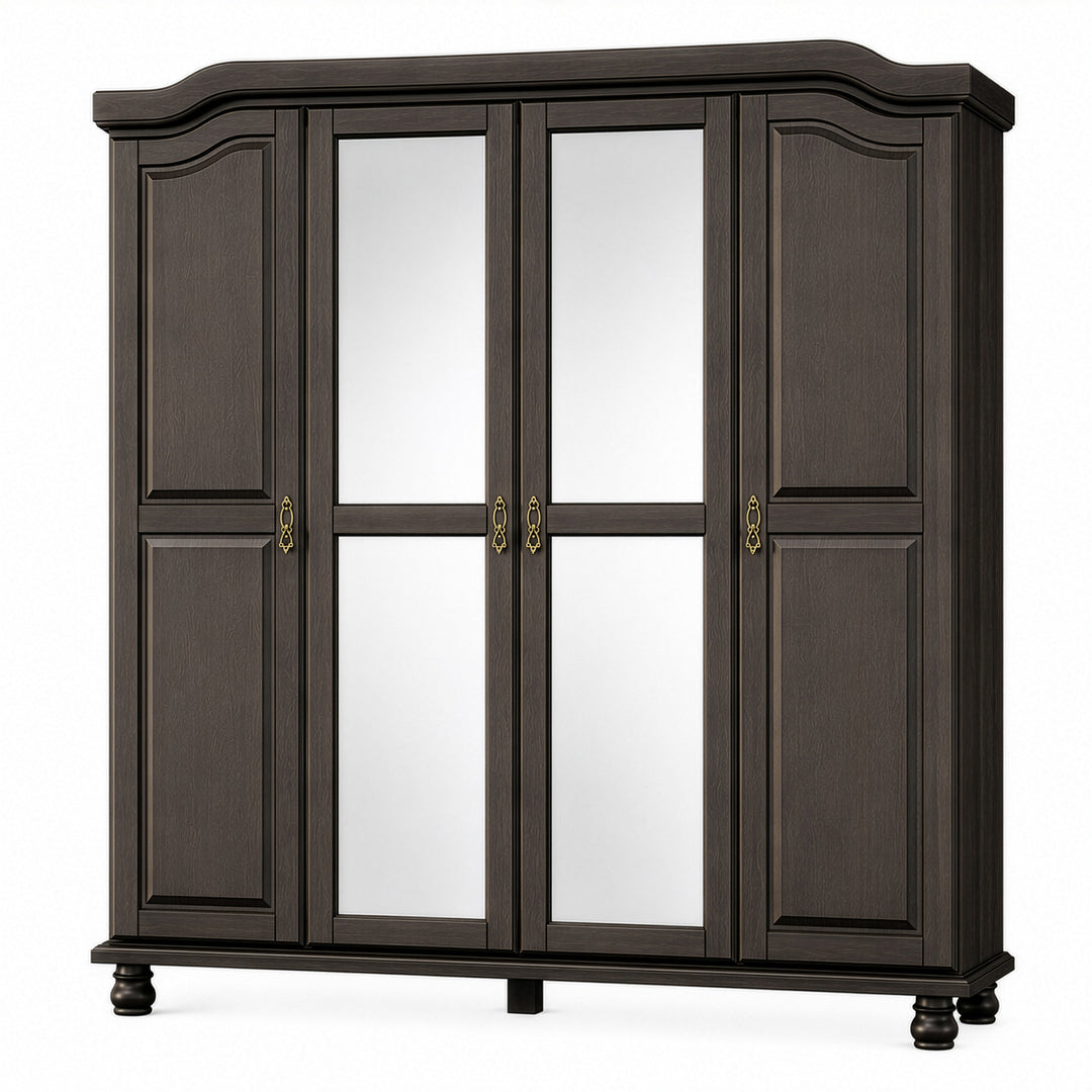 100% Solid Wood 4-Door Wardrobe Armoire with Mirrored Doors, Bedroom Closet Storage - Kyle Collection