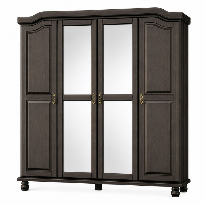 100% Solid Wood 4-Door Wardrobe Armoire with Mirrored Doors, Bedroom Closet Storage - Kyle Collection