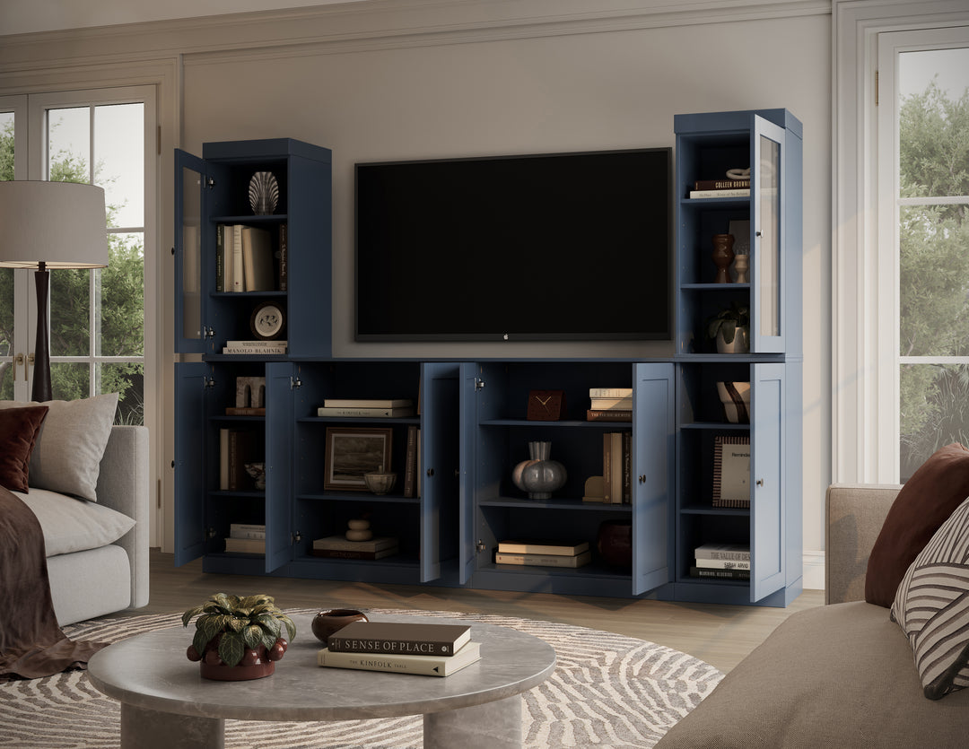 100% Solid Wood 6-Piece Entertainment Center Wall Unit with Storage, Glass & Shaker Doors, Adjustable Shelves, 97" W x 71.5" H