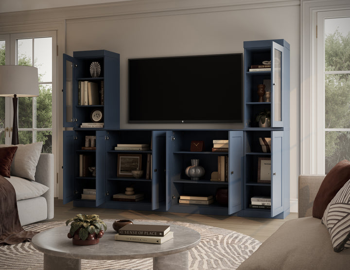 100% Solid Wood 6-Piece Entertainment Center Wall Unit with Storage, Glass & Shaker Doors, Adjustable Shelves, 97" W x 71.5" H