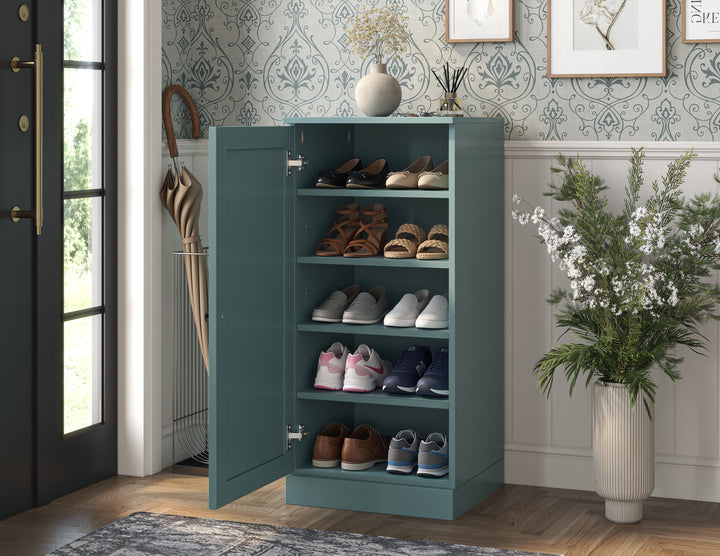 100% Solid Wood Narrow Shoe Storage Cabinet with Shaker Door, Adjustable Shelves, Space Saving Stackable Organizer, 16.5" W x 35.75" H