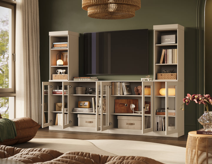 100% Solid Wood 6-Piece Entertainment Center Wall Unit with Storage, Open Cabinets & Glass Doors, Adjustable Shelves, 97" W x 71.5" H