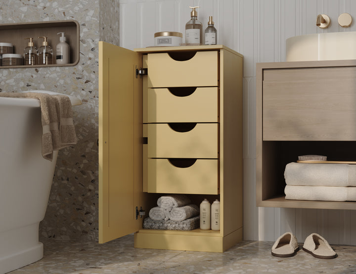 100% Solid Wood Bathroom Storage Cabinet, Raised Panel Door, 4 Drawers, Adjustable Shelves, 16.5" Wide, 35.75" Tall
