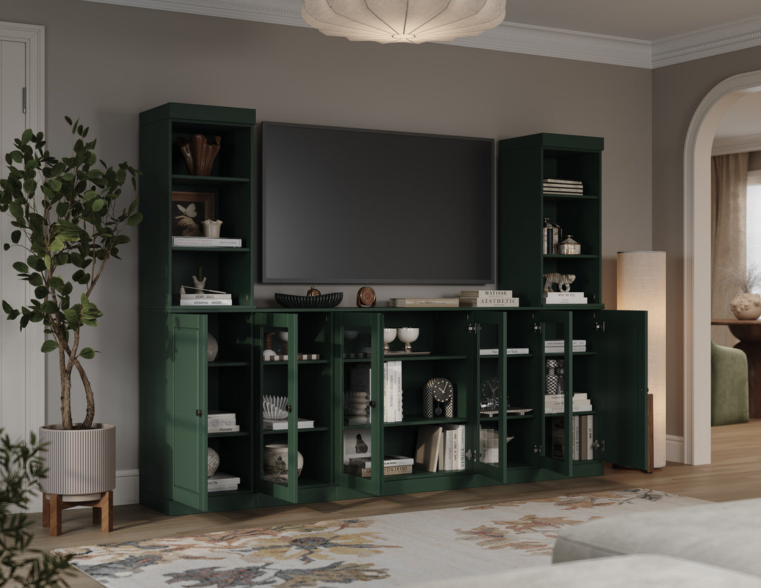 100% Solid Wood 7-Piece Entertainment Center Wall Unit with Storage, Open Cabinets, Raised Panel & Glass Doors, Adjustable Shelves, 98" W x 71.5" H