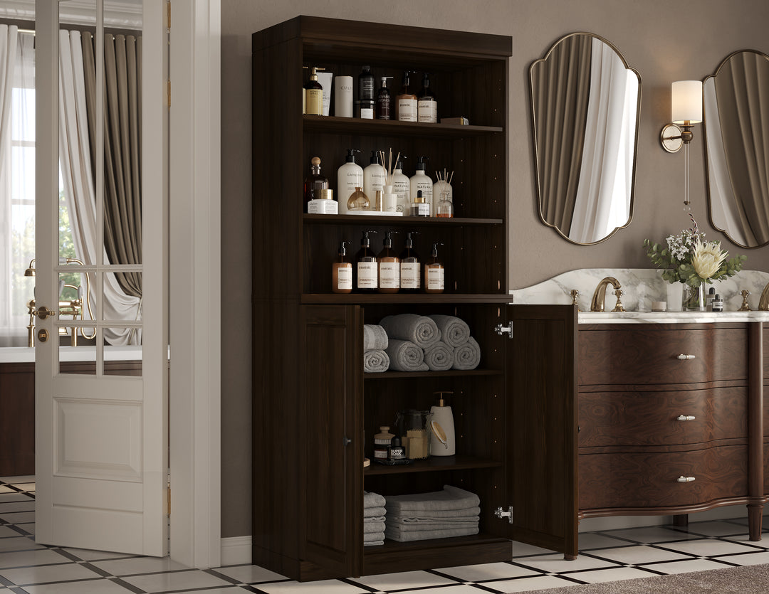 100% Solid Wood Tall Freestanding Modular Bathroom Linen Storage Cabinet with Open Shelf & Raised Panel Doors, Adjustable Shelves, 32" W x 71.5" H