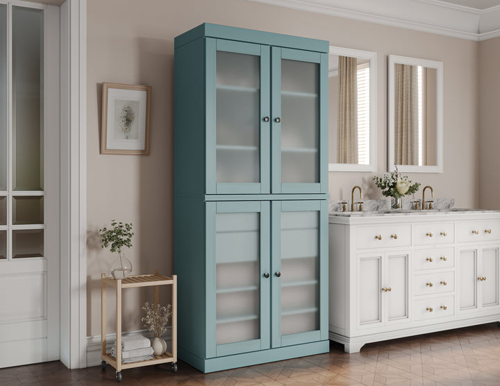 100% Solid Wood Tall Freestanding Modular Bathroom Linen Storage Cabinet with Frosted Glass Doors, 2 Drawers, Adjustable Shelves, 32" W x 71.5" H