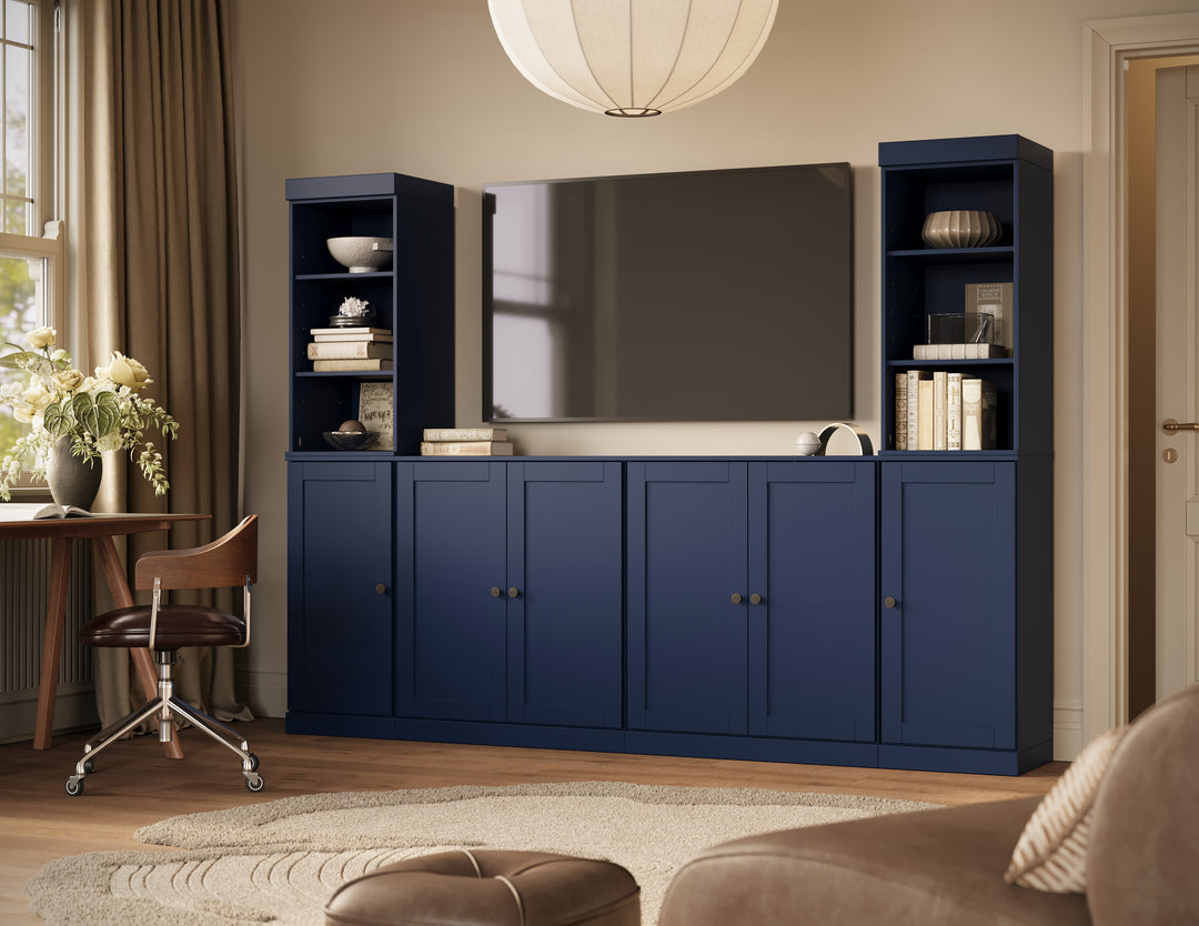 100% Solid Wood 6-Piece Entertainment Center Wall Unit with Storage, Open Cabinets & Shaker Doors, Adjustable Shelves, 97" W x 71.5" H