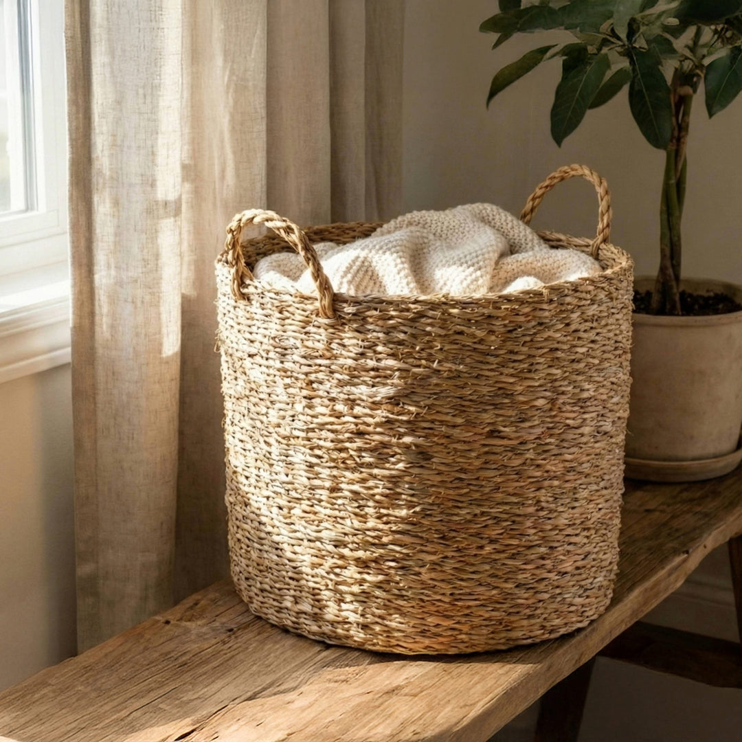 100% Handwoven Natural Rattan 12" Round Rustic Weave Basket with Handles, Boho Farmhouse Decorative Laundry & Storage Organizer, Handcrafted – Authentic African Craftsmanship, Baskets - Palace Imports