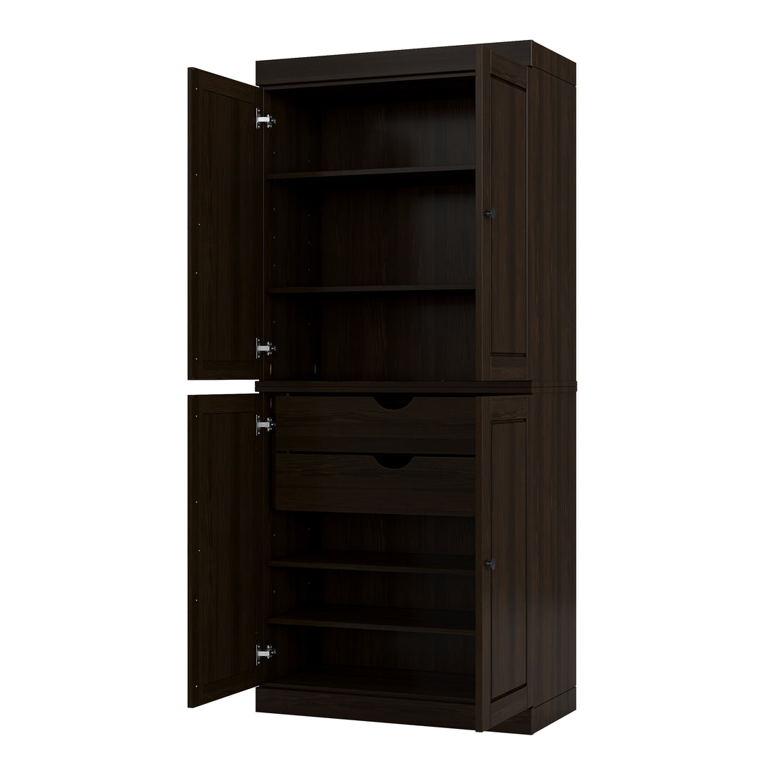 100% Solid Wood Tall Freestanding Modular Bathroom Linen Storage Cabinet with Raised Panel Doors, 2 Drawers, Adjustable Shelves, 32" W x 71.5" H
