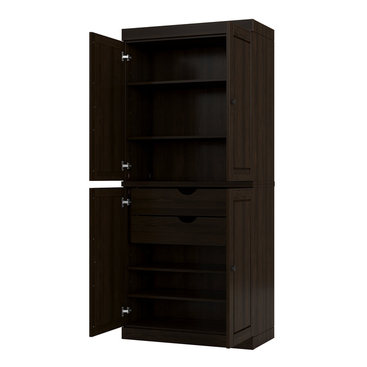 100% Solid Wood Tall Freestanding Modular Bathroom Linen Storage Cabinet with Raised Panel Doors, 2 Drawers, Adjustable Shelves, 32" W x 71.5" H