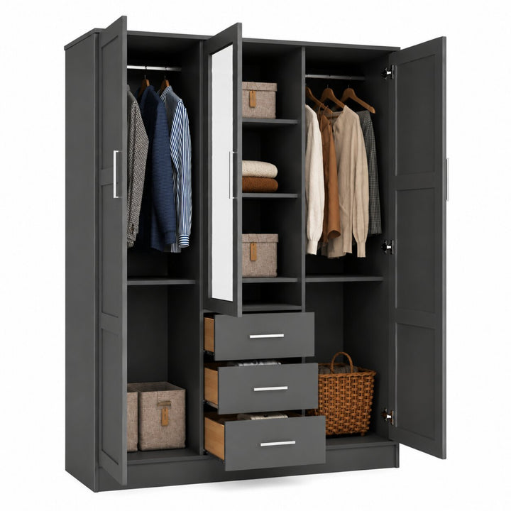 100% Solid Wood 3-Door Wardrobe Armoire with Mirrored Doors, Bedroom Closet Storage - Cosmo Collection