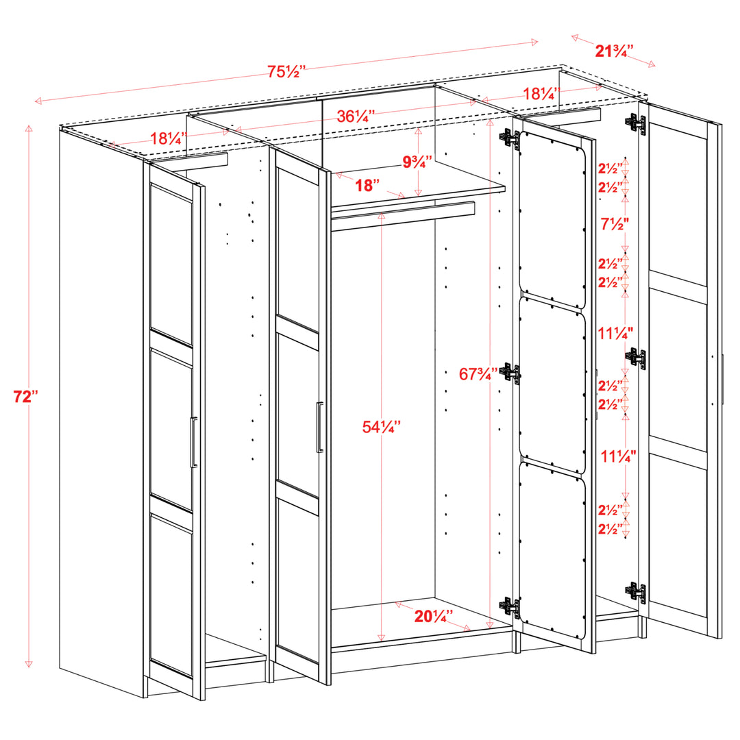 100% Solid Wood Urban 4-Door Wardrobe Armoire, Mirrored Doors