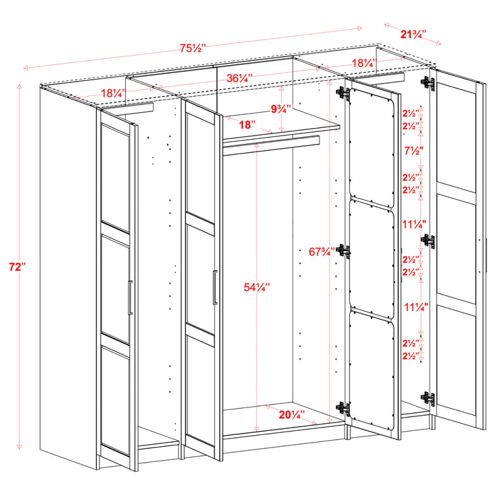 100% Solid Wood Urban 4-Door Wardrobe Armoire, Mirrored Doors