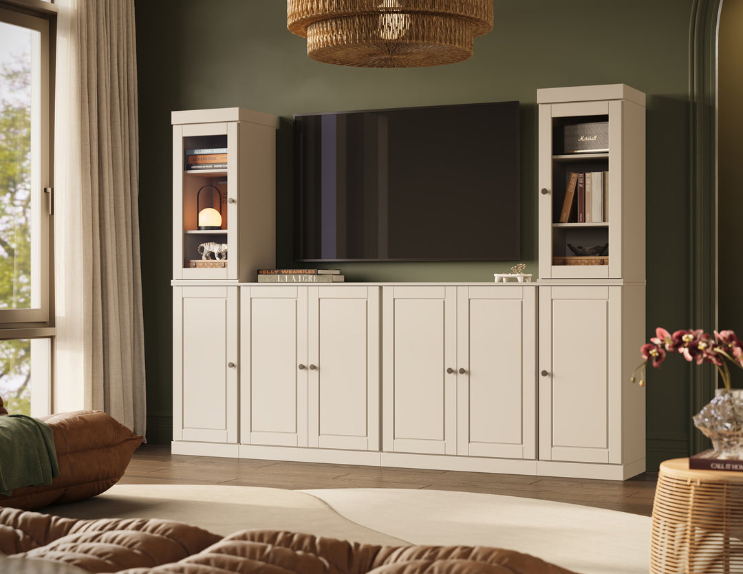 100% Solid Wood 6-Piece Entertainment Center Wall Unit with Storage, Glass & Raised Panel Doors, Adjustable Shelves, 97" W x 71.5" H