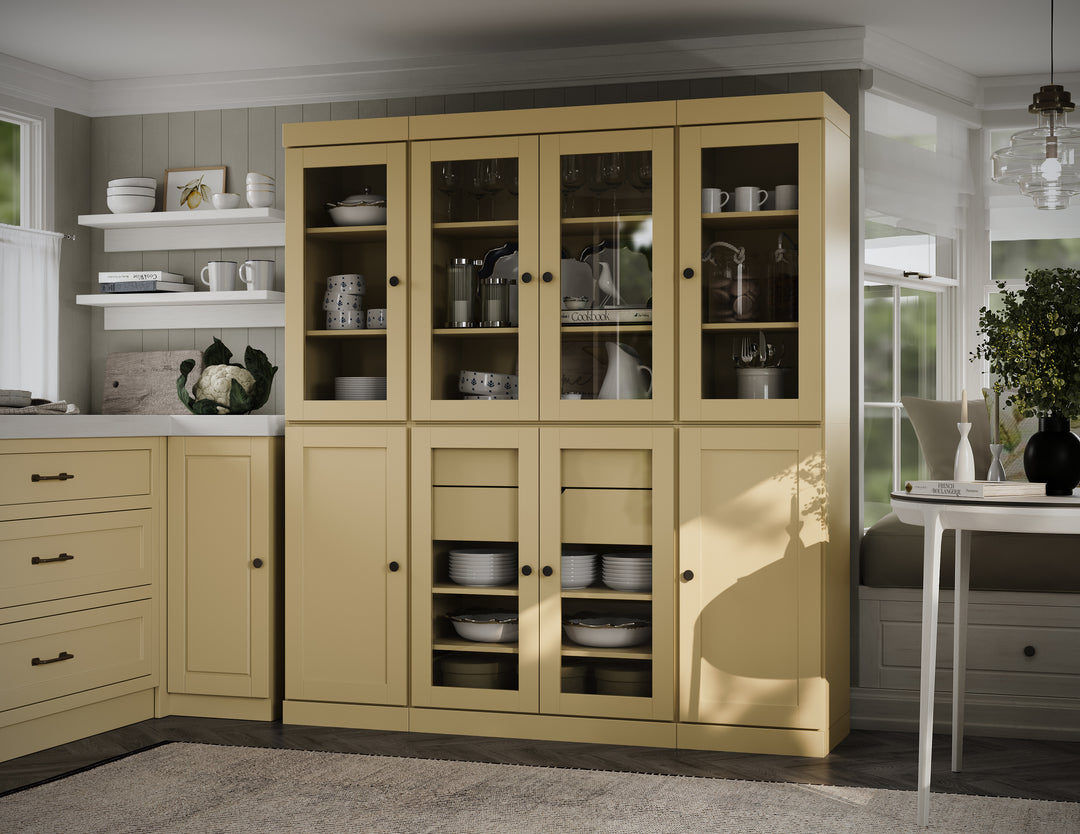 100% Solid Wood 65" China Pantry Cabinet, 6 Glass, 2 Shaker Wood Doors, 2 Drawers