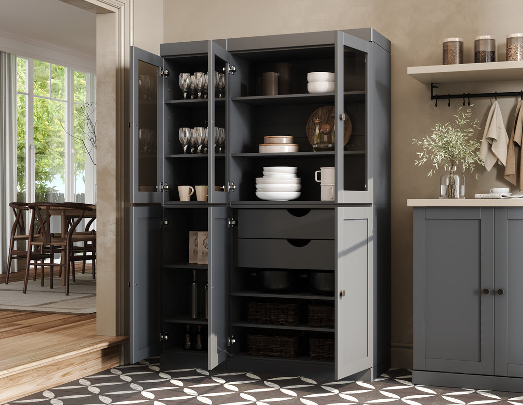 100% Solid Wood 48.5" Pantry China Cabinet, 3 Glass Doors, 3 Shaker Doors, 2-Drawers