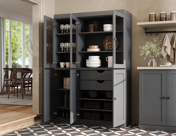 100% Solid Wood 48.5" Pantry China Cabinet, 3 Glass Doors, 3 Shaker Doors, 2-Drawers