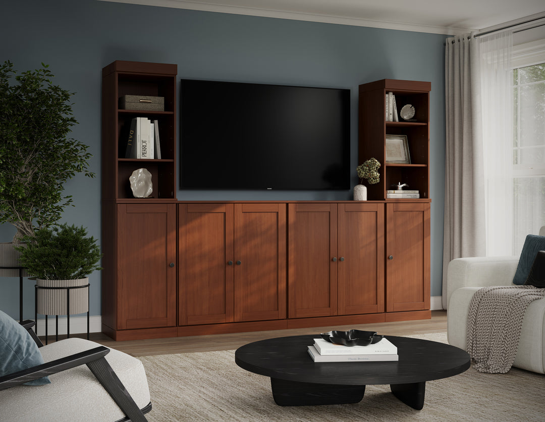 100% Solid Wood 6-Piece Entertainment Center Wall Unit with Storage, Open Cabinets & Shaker Doors, Adjustable Shelves, 97" W x 71.5" H