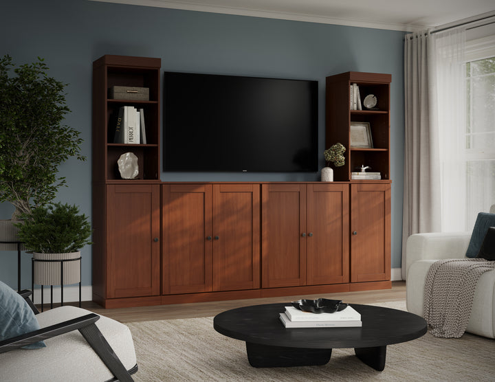 100% Solid Wood 6-Piece Entertainment Center Wall Unit with Storage, Open Cabinets & Shaker Doors, Adjustable Shelves, 97" W x 71.5" H