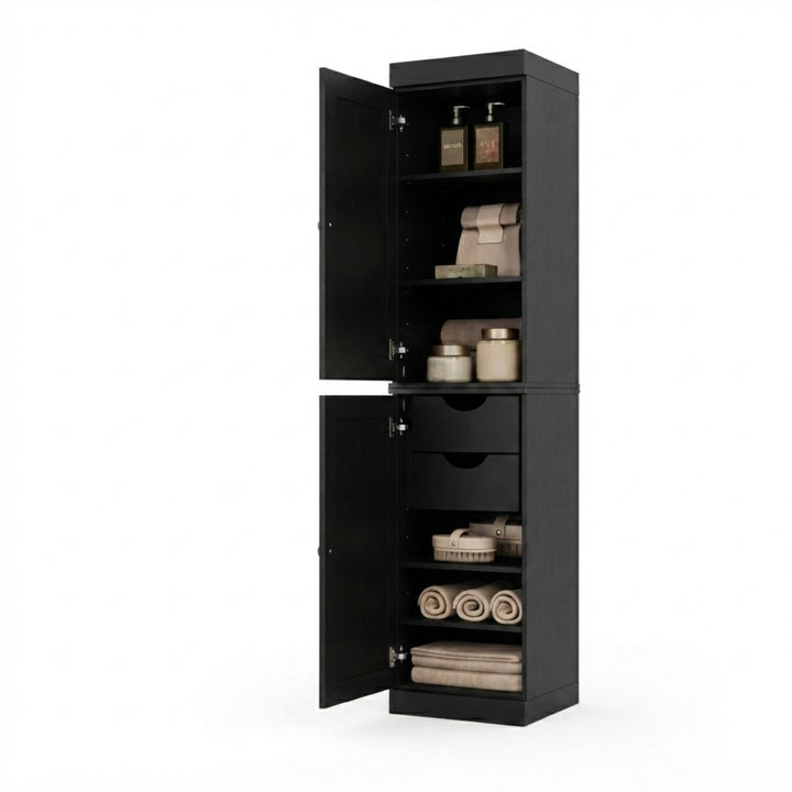 100% Solid Wood Bathroom Storage Cabinet, Raised Panel Doors, 2 Drawers, Adjustable Shelves, 16.5" Wide, 71.5" Tall