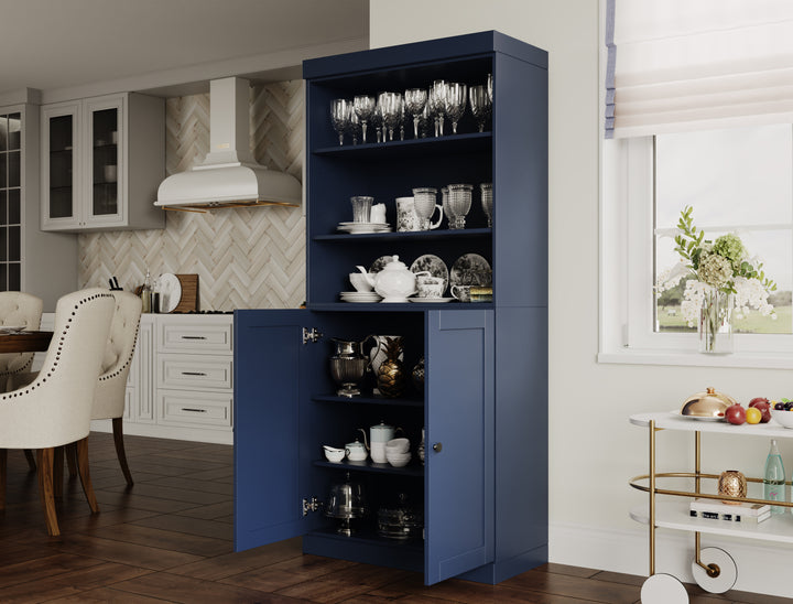 100% Solid Wood 32" Pantry Cabinet, 2 Shaker Wood Bottom Doors