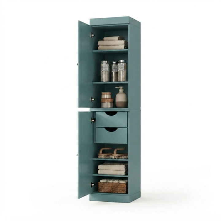 100% Solid Wood Bathroom Storage Cabinet, Raised Panel Doors, 2 Drawers, Adjustable Shelves, 16.5" Wide, 71.5" Tall