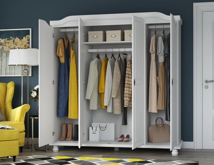 100% Solid Wood 4-Door Wardrobe Armoire with Raised Panel Doors, Bedroom Closet Storage - Kyle Collection
