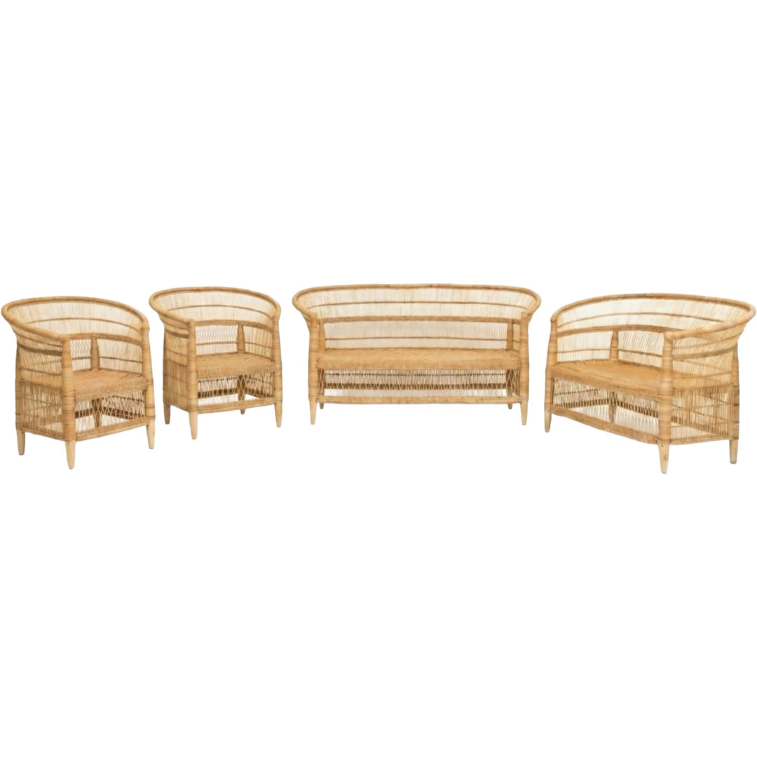 100% Handwoven Natural Rattan 4-Piece Indoor Seating Set with 2 Chairs, Loveseat, and 3-Seater Settee, Solid Wood Frame, Boho Farmhouse, Authentic African Craftsmanship