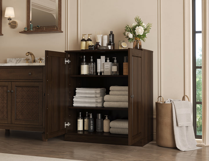 100% Solid Wood Freestanding Bathroom Linen Storage Cabinet with Raised Panel Doors, Adjustable Shelves, 32" W x 35.75" H