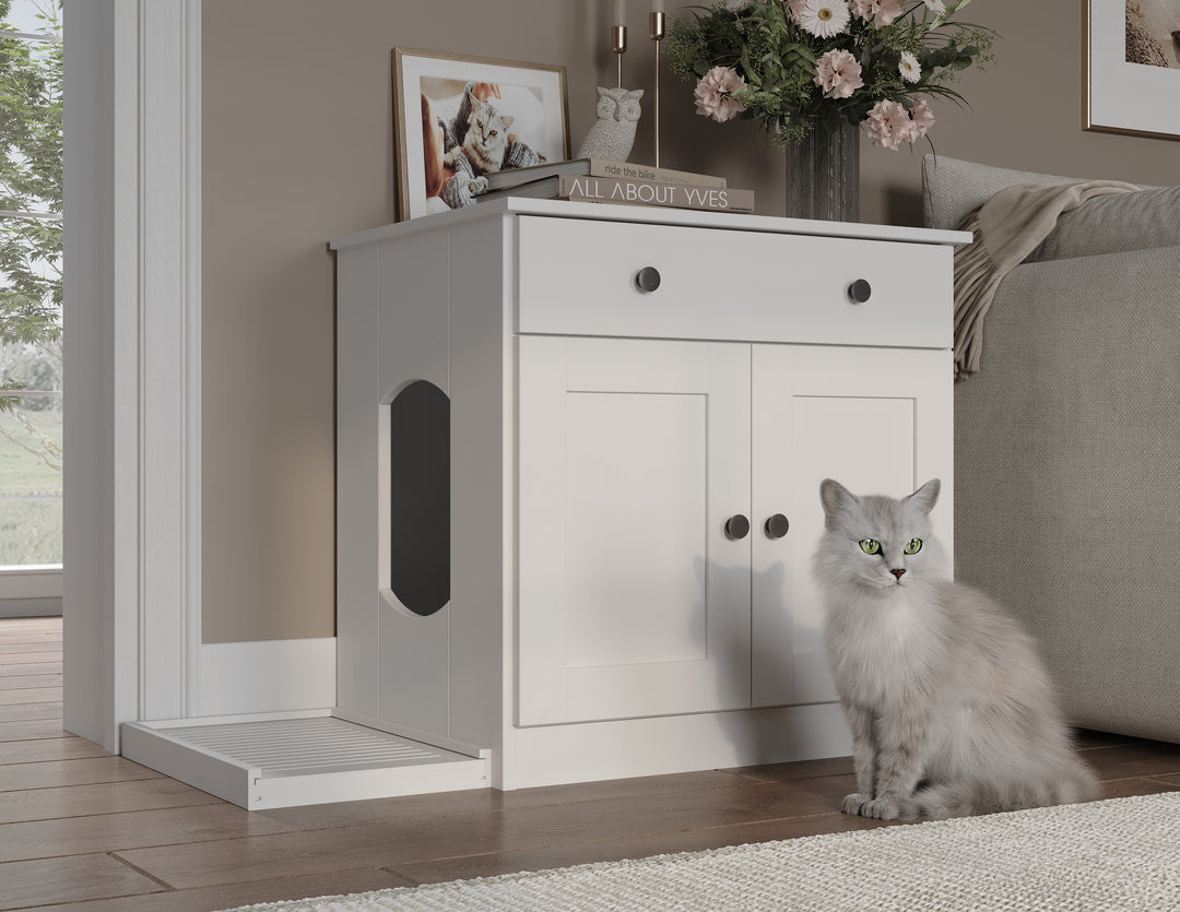 100% Solid Wood Ziva 2-Door Cat Litter Box Enclosure with Litter Catch
