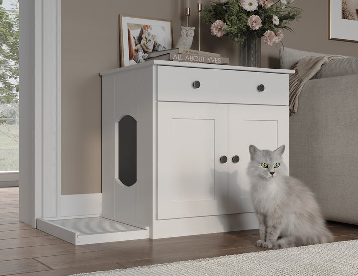 100% Solid Wood Ziva 2-Door Cat Litter Box Enclosure with Litter Catch