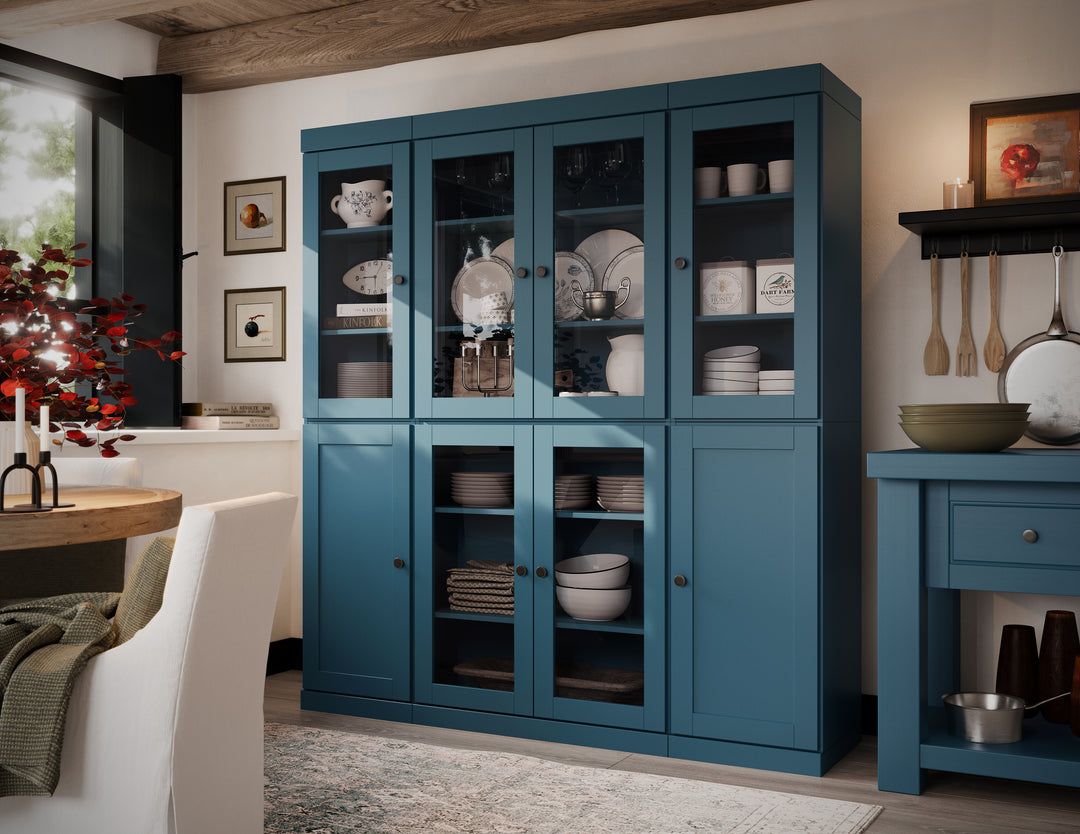 100% Solid Wood 65" China Pantry Cabinet, 6 Clear Glass, 2 Shaker Wood Doors