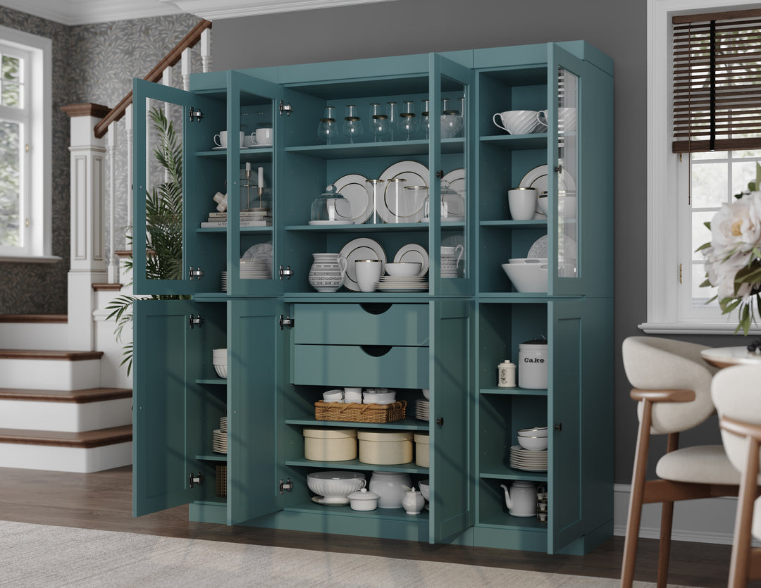 100% Solid Wood 65" China Pantry Cabinet, 4 Glass, 4 Shaker Wood Doors, 2-Drawers