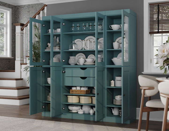 100% Solid Wood 65" China Pantry Cabinet, 4 Glass, 4 Shaker Wood Doors, 2-Drawers