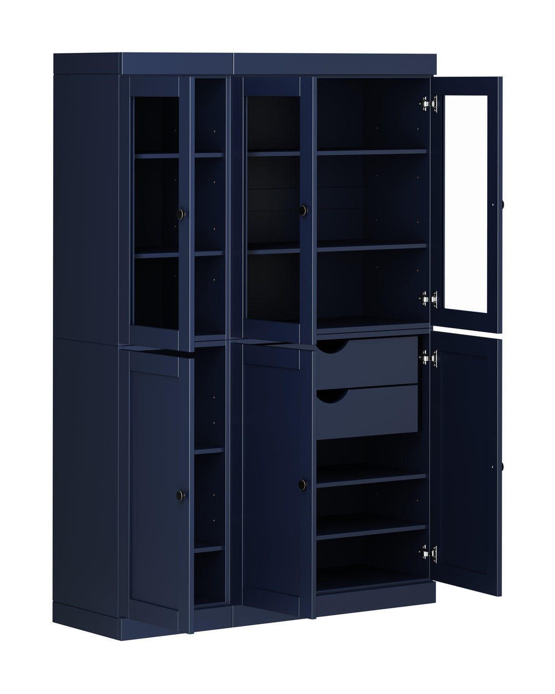 100% Solid Wood 48.5" Pantry China Cabinet, 3 Glass Doors, 3 Shaker Doors, 2-Drawers