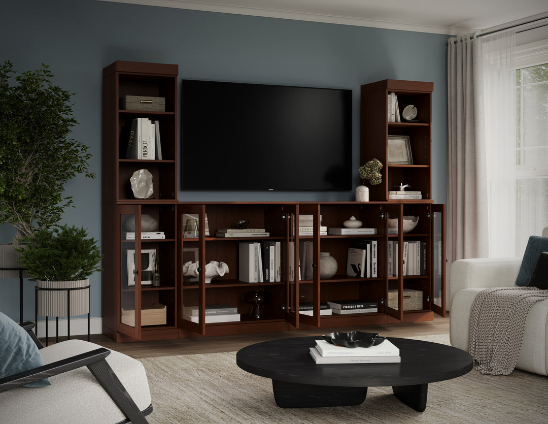 100% Solid Wood 6-Piece Entertainment Center Wall Unit with Storage, Open Cabinets & Glass Doors, Adjustable Shelves, 97" W x 71.5" H