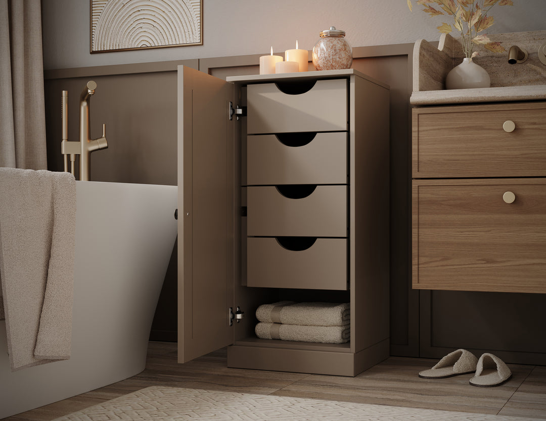 100% Solid Wood Bathroom Storage Cabinet, Raised Panel Door, 4 Drawers, Adjustable Shelves, 16.5" Wide, 35.75" Tall