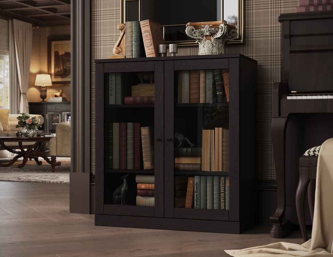 Premium 100% Solid European Oak Hardwood 3-Shelf Modular Bookcase with Tinted Glass Doors – 32" Wide, 35.75" Tall