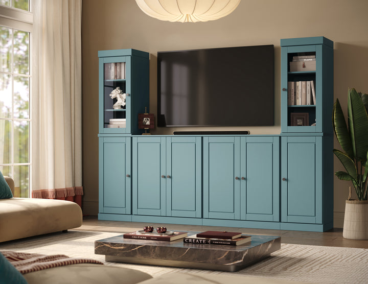 100% Solid Wood 6-Piece Entertainment Center Wall Unit with Storage, Glass & Raised Panel Doors, Adjustable Shelves, 97" W x 71.5" H
