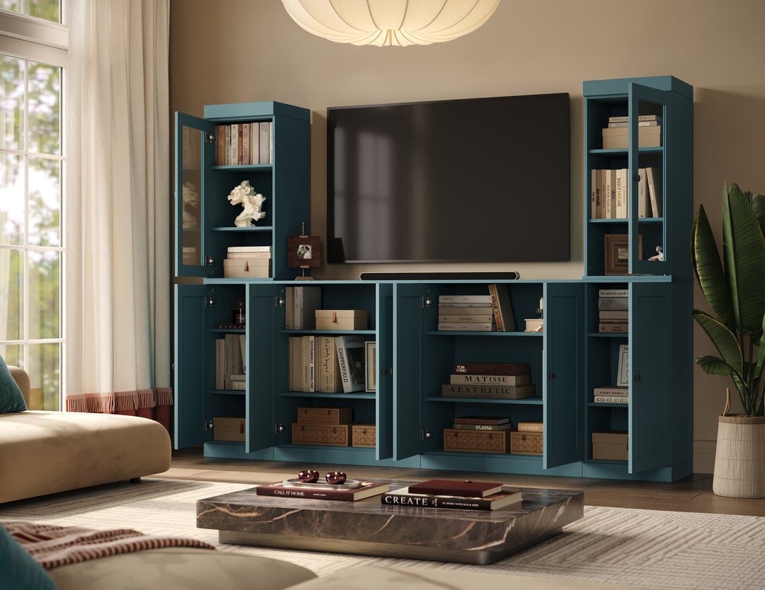 100% Solid Wood 6-Piece Entertainment Center Wall Unit with Storage, Glass & Shaker Doors, Adjustable Shelves, 97" W x 71.5" H