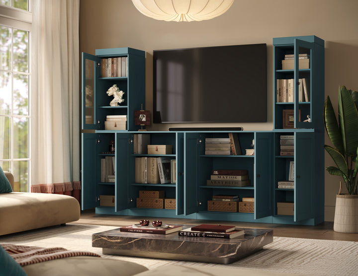 100% Solid Wood 6-Piece Entertainment Center Wall Unit with Storage, Glass & Shaker Doors, Adjustable Shelves, 97" W x 71.5" H
