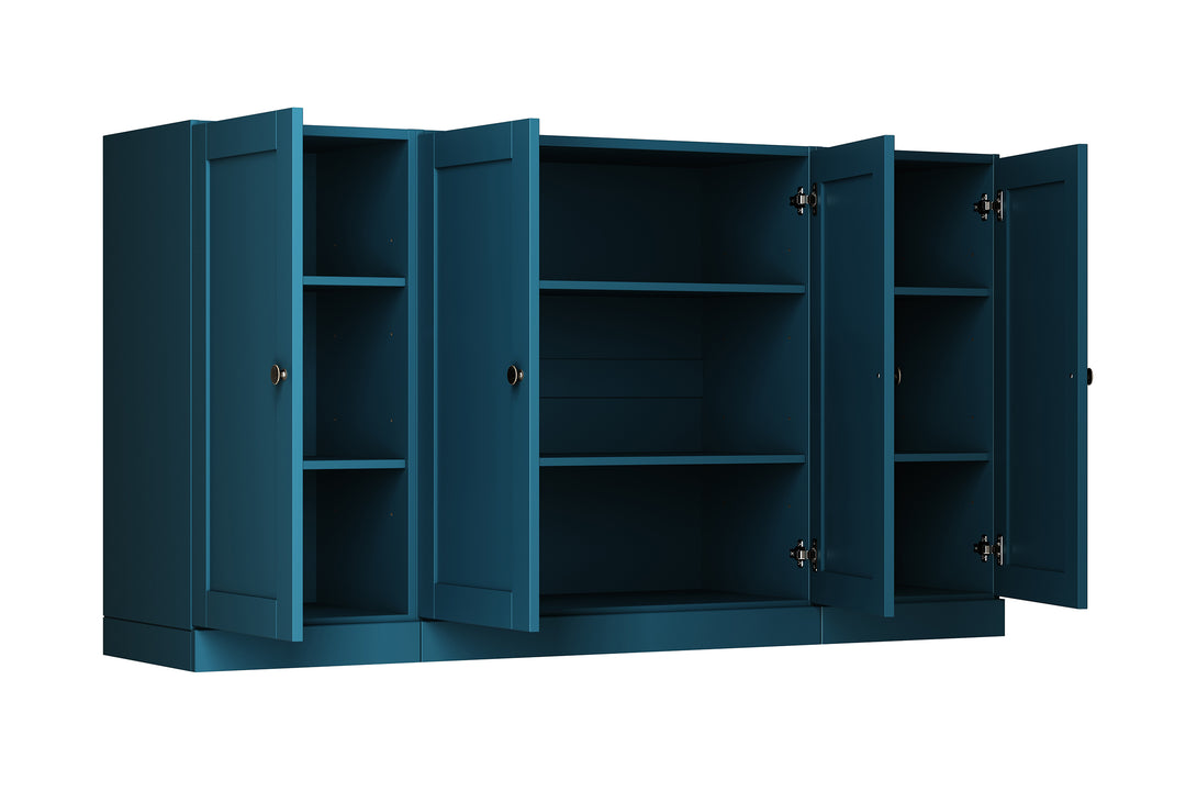 100% Solid Brazilian Pine Wood Sideboard, Shaker Doors, Adjustable Shelves, 65" Wide, 35.75" Tall