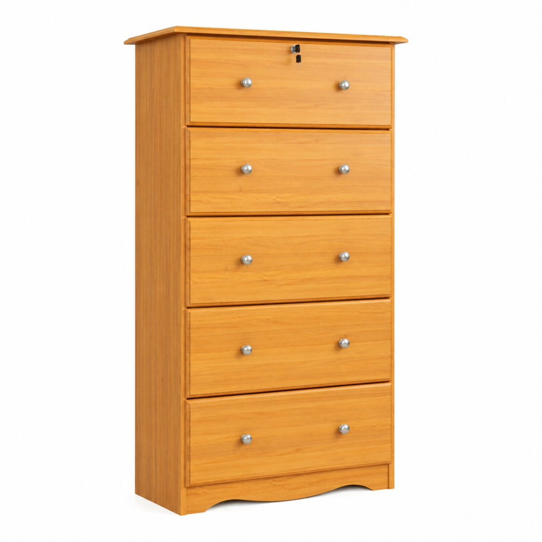 A five-drawer wooden chest of drawers in a warm honey pine finish, featuring small silver round knobs and a top lock, shown on a plain white background.