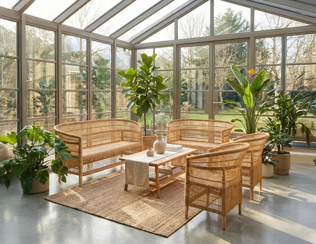 100% Handwoven Natural Rattan 4-Piece Indoor Seating Set with 2 Chairs, Loveseat, and 3-Seater Settee, Solid Wood Frame, Boho Farmhouse, Authentic African Craftsmanship