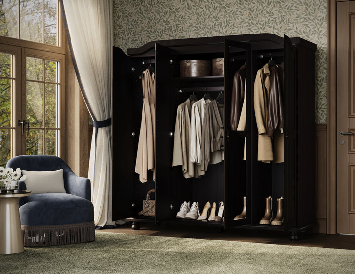 100% Solid Wood 4-Door Wardrobe Armoire with Mirrored Doors, Bedroom Closet Storage - Kyle Collection