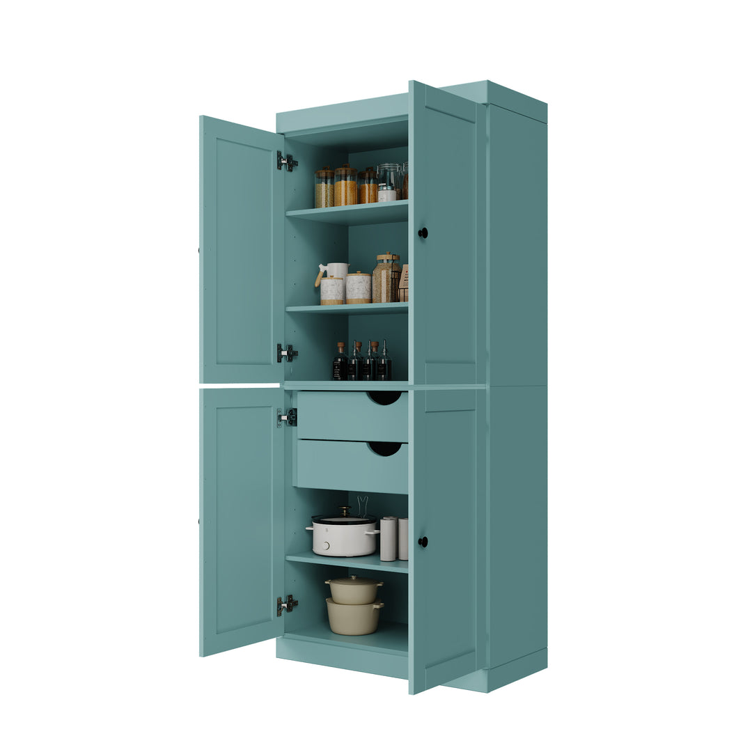 100% Solid Wood 32" Pantry Cabinet, Shaker Wood Doors, 2-Drawers