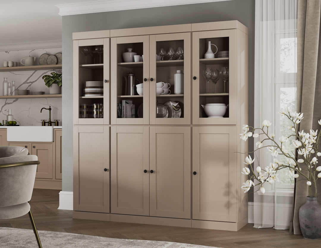 100% Solid Wood 65" China Pantry Cabinet, 4 Clear Glass, 4 Shaker Wood Doors