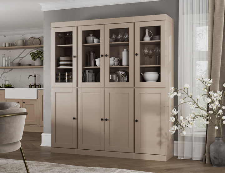 100% Solid Wood 65" China Pantry Cabinet, 4 Clear Glass, 4 Shaker Wood Doors